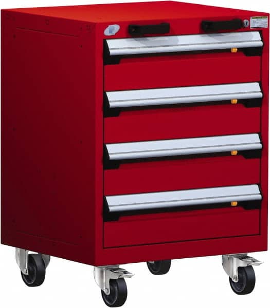 Rousseau Metal - 4 Drawer Steel Tool Roller Cabinet - 24" Wide x 33" High x 21" Deep, Ball Bearing Drawer Slides, Red - Americas Industrial Supply