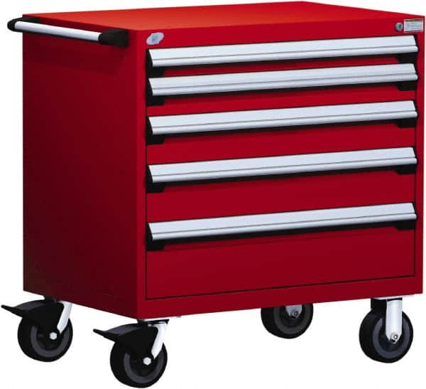 Rousseau Metal - 5 Drawer Steel Tool Roller Cabinet - 36" Wide x 37-1/2" High x 24" Deep, Ball Bearing Drawer Slides, Red - Americas Industrial Supply