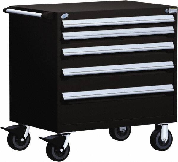 Rousseau Metal - 5 Drawer Steel Tool Roller Cabinet - 36" Wide x 37-1/2" High x 18" Deep, Ball Bearing Drawer Slides, Black - Americas Industrial Supply