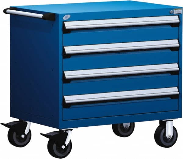 Rousseau Metal - 4 Drawer Steel Tool Roller Cabinet - 36" Wide x 35-1/8" High x 18" Deep, Ball Bearing Drawer Slides, Blue - Americas Industrial Supply