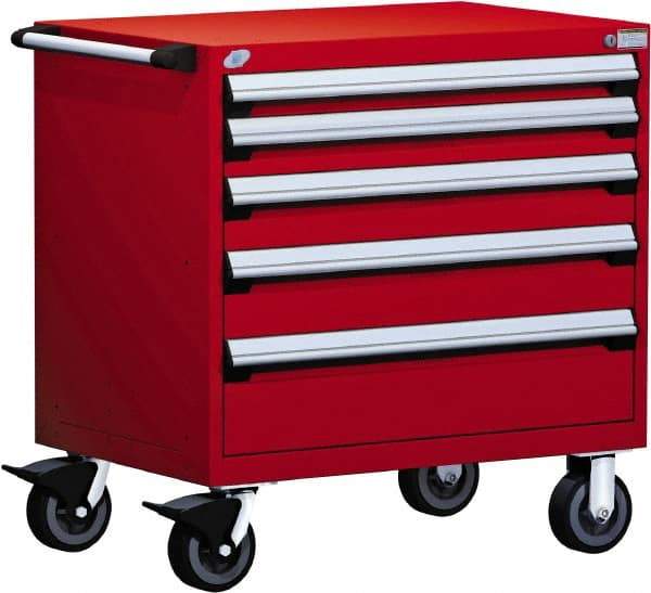 Rousseau Metal - 5 Drawer Steel Tool Roller Cabinet - 36" Wide x 37-1/2" High x 18" Deep, Ball Bearing Drawer Slides, Blue - Americas Industrial Supply
