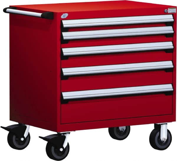 Rousseau Metal - 5 Drawer Steel Tool Roller Cabinet - 30" Wide x 37-1/2" High x 21" Deep, Ball Bearing Drawer Slides, Red - Americas Industrial Supply
