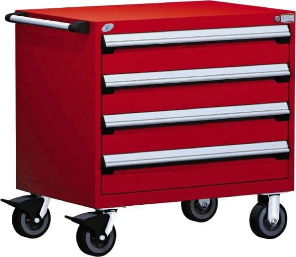 Rousseau Metal - 4 Drawer Steel Tool Roller Cabinet - 36" Wide x 35-1/8" High x 24" Deep, Ball Bearing Drawer Slides, Red - Americas Industrial Supply