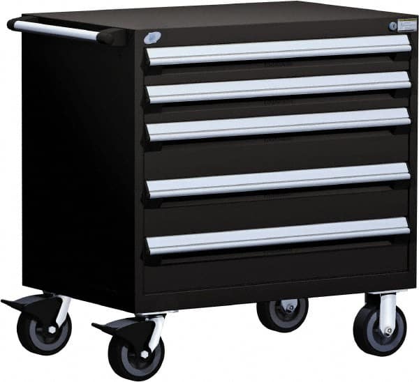 Rousseau Metal - 5 Drawer Steel Tool Roller Cabinet - 36" Wide x 37-1/2" High x 18" Deep, Ball Bearing Drawer Slides, Black - Americas Industrial Supply