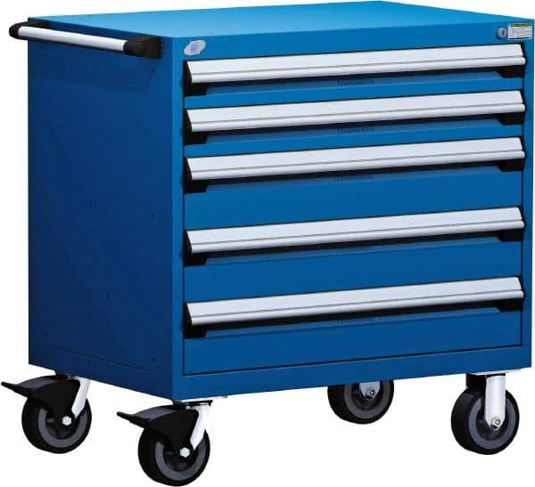 Rousseau Metal - 5 Drawer Steel Tool Roller Cabinet - 36" Wide x 37-1/2" High x 18" Deep, Ball Bearing Drawer Slides, Blue - Americas Industrial Supply