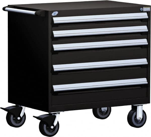 Rousseau Metal - 5 Drawer Steel Tool Roller Cabinet - 30" Wide x 37-1/2" High x 21" Deep, Ball Bearing Drawer Slides, Black - Americas Industrial Supply