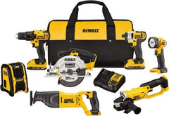 DeWALT - 20 Volt Cordless Tool Combination Kit - Includes 1/2" Compact Drill/Driver, 1/4" Impact Driver, Cut-off Tool/Grinder, Reciprocating Saw, 6-1/2 Circular Saw, LED Worklight & Bluetooth Speaker, Lithium-Ion Battery Included - Americas Industrial Supply