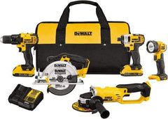 DeWALT - 20 Volt Cordless Tool Combination Kit - Includes 1/2" Compact Drill/Driver, 1/4" Impact Driver, Cut-off Tool/Grinder, 6-1/2 Circular Saw & LED Worklight, Lithium-Ion Battery Included - Americas Industrial Supply