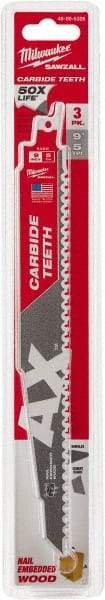 Milwaukee Tool - 9" Long x 1" Thick, Carbide Reciprocating Saw Blade - Tapered Profile, 6 TPI, Toothed Edge, Universal Shank - Americas Industrial Supply