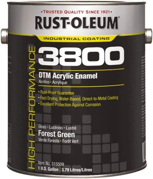 Rust-Oleum - 1 Gal Forest Green Gloss Finish Acrylic Enamel Paint - 150 to 270 Sq Ft per Gal, Interior/Exterior, Direct to Metal - Americas Industrial Supply