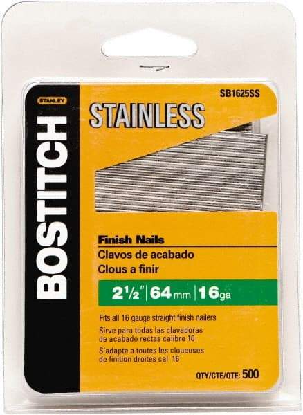 Stanley Bostitch - 16 Gauge 1/16" Shank Diam 2-1/2" Long Finishing Nails for Power Nailers - Stainless Steel, Smooth Shank, Straight Stick Adhesive Collation, Round Head, Chisel Point - Americas Industrial Supply