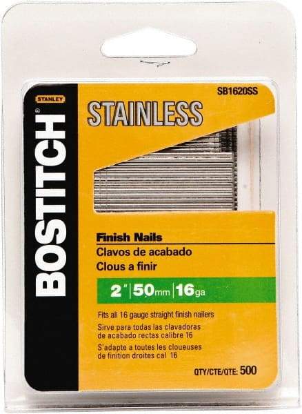 Stanley Bostitch - 16 Gauge 1/16" Shank Diam 2" Long Finishing Nails for Power Nailers - Stainless Steel, Smooth Shank, Straight Stick Adhesive Collation, Round Head, Chisel Point - Americas Industrial Supply