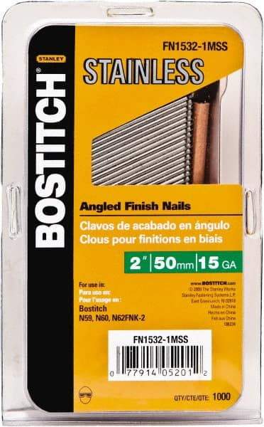 Stanley Bostitch - 15 Gauge 0.07" Shank Diam 1-1/2" Long Finishing Nails for Power Nailers - Stainless Steel, Smooth Shank, Angled Stick Adhesive Collation, Round Head, Chisel Point - Americas Industrial Supply