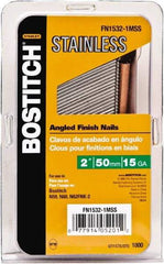 Stanley Bostitch - 15 Gauge 0.07" Shank Diam 1-1/2" Long Finishing Nails for Power Nailers - Stainless Steel, Smooth Shank, Angled Stick Adhesive Collation, Round Head, Chisel Point - Americas Industrial Supply