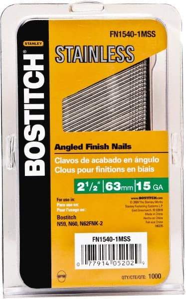 Stanley Bostitch - 15 Gauge 0.07" Shank Diam 2-1/2" Long Finishing Nails for Power Nailers - Stainless Steel, Smooth Shank, Angled Stick Adhesive Collation, Round Head, Chisel Point - Americas Industrial Supply