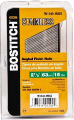 Stanley Bostitch - 15 Gauge 0.07" Shank Diam 2-1/2" Long Finishing Nails for Power Nailers - Stainless Steel, Smooth Shank, Angled Stick Adhesive Collation, Round Head, Chisel Point - Americas Industrial Supply