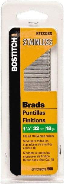 Stanley Bostitch - 18 Gauge 0.05" Shank Diam 1-1/4" Long Brad Nails for Power Nailers - Stainless Steel, Ring Shank, Straight Stick Adhesive Collation, Brad Head, Chisel Point - Americas Industrial Supply