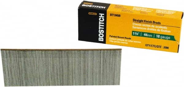 Stanley Bostitch - 18 Gauge 0.05" Shank Diam 1-3/4" Long Brad Nails for Power Nailers - Steel, Bright Finish, Ring Shank, Straight Stick Adhesive Collation, Brad Head, Chisel Point - Americas Industrial Supply