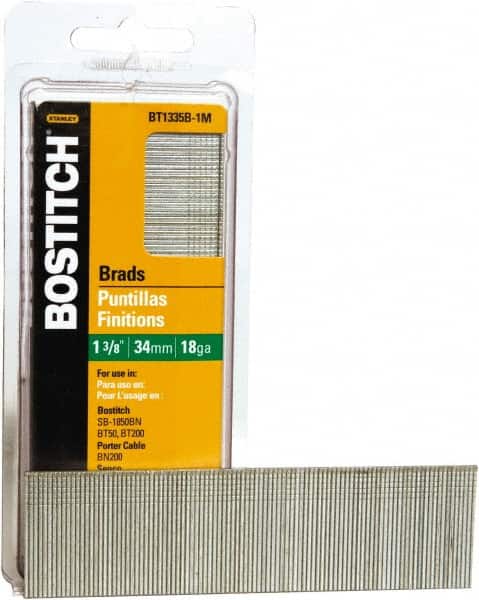Stanley Bostitch - 18 Gauge 0.05" Shank Diam 1-3/8" Long Brad Nails for Power Nailers - Steel, Bright Finish, Ring Shank, Straight Stick Adhesive Collation, Brad Head, Chisel Point - Americas Industrial Supply