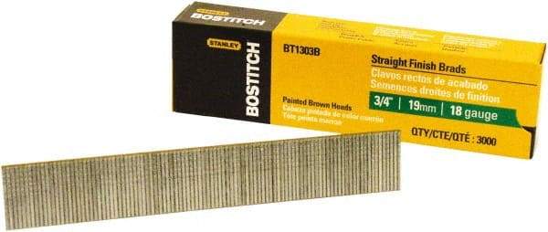 Stanley Bostitch - 18 Gauge 0.05" Shank Diam 3/4" Long Brad Nails for Power Nailers - Steel, Bright Finish, Ring Shank, Straight Stick Adhesive Collation, Brad Head, Chisel Point - Americas Industrial Supply