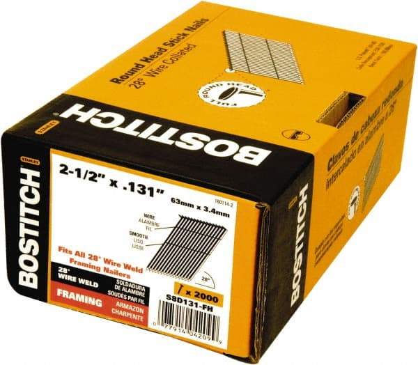 Stanley Bostitch - 11 Gauge 0.131" Shank Diam 2-1/2" Long Framing Nails for Power Nailers - Steel, Bright Finish, Smooth Shank, Angled Stick Wire Collation, Round Head, Diamond Point - Americas Industrial Supply