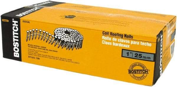 Stanley Bostitch - 13 Gauge 1" Long Roofing Nails for Power Nailers - Steel, Galvanized Finish, Smooth Shank, Coil Wire Collation, Round Head, Diamond Point - Americas Industrial Supply