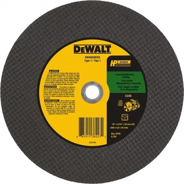DeWALT - 16" 24 Grit Aluminum Oxide Cutoff Wheel - 5/32" Thick, 20mm Arbor, 4,700 Max RPM, Use with Chop Saws - Americas Industrial Supply
