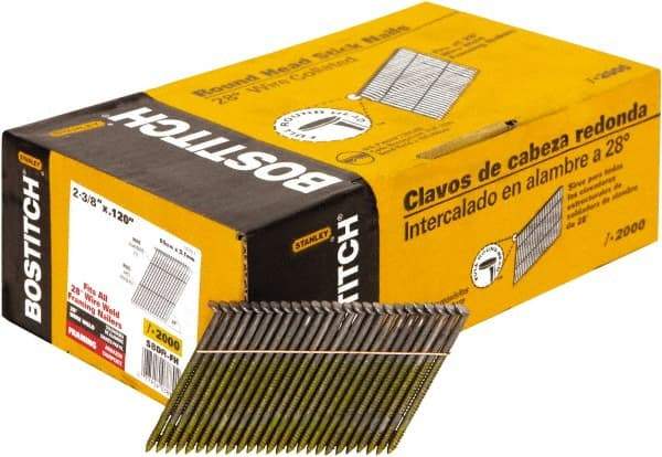 Stanley Bostitch - 11 Gauge 0.12" Shank Diam 2-3/8" Long Framing Nails for Power Nailers - Steel, Bright Finish, Ring Shank, Angled Stick Wire Collation, Round Head, Diamond Point - Americas Industrial Supply