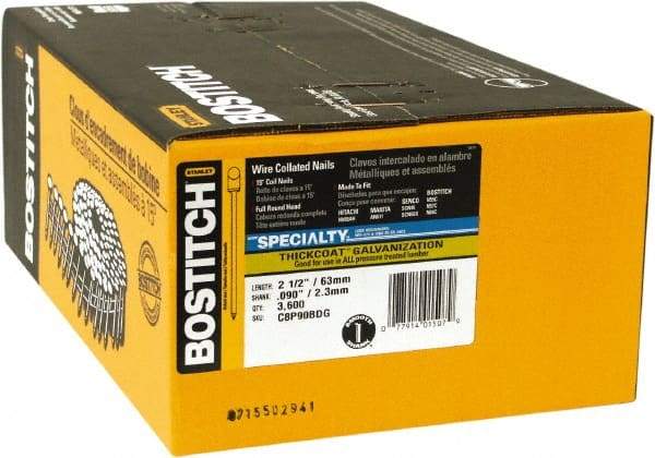 Stanley Bostitch - 13 Gauge 2-1/2" Long Siding Nails for Power Nailers - Steel, Galvanized Finish, Smooth Shank, Coil Wire Collation, Round Head, Blunt Diamond Point - Americas Industrial Supply