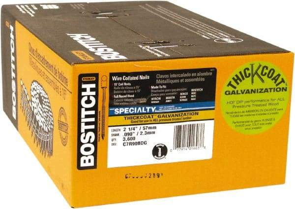 Stanley Bostitch - 13 Gauge 2-3/16" Long Siding Nails for Power Nailers - Steel, Galvanized Finish, Ring Shank, Coil Wire Collation, Round Head, Blunt Diamond Point - Americas Industrial Supply