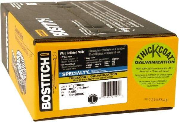 Stanley Bostitch - 13 Gauge 2" Long Siding Nails for Power Nailers - Steel, Galvanized Finish, Smooth Shank, Coil Wire Collation, Round Head, Blunt Diamond Point - Americas Industrial Supply
