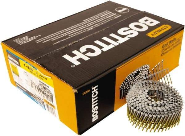 Stanley Bostitch - 14 Gauge 1-3/4" Long Siding Nails for Power Nailers - Steel, Galvanized Finish, Ring Shank, Coil Wire Collation, Round Head, Blunt Diamond Point - Americas Industrial Supply