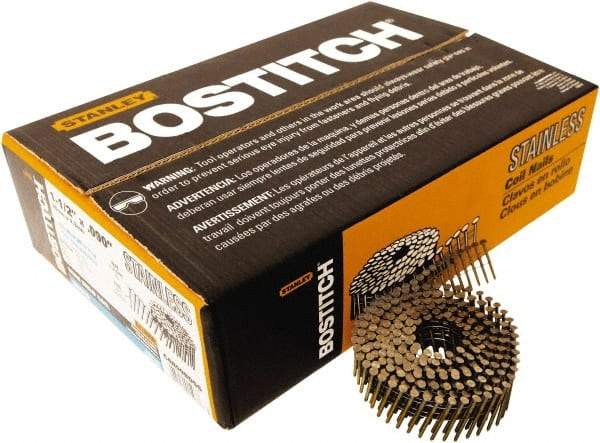 Stanley Bostitch - 13 Gauge 1-1/2" Long Siding Nails for Power Nailers - Steel, Stainless Steel Finish, Ring Shank, Coil Wire Collation, Round Head, Blunt Diamond Point - Americas Industrial Supply