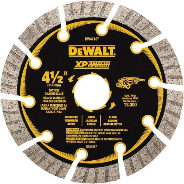 DeWALT - 4-1/2" Diam, 5/8" Arbor Hole Diam, 10 Tooth Wet & Dry Cut Saw Blade - Diamond Matrix, Fast Cutting Action, Standard Round Arbor - Americas Industrial Supply