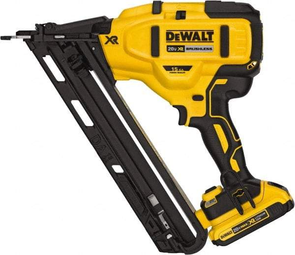 DeWALT - Cordless Finish Nailer Kit - 15 Gauge Nail Diam, 1-1/4 to 2-1/2" Long Nail, Includes DCB203 2Ah Battery, Carry Bag & Charger - Americas Industrial Supply