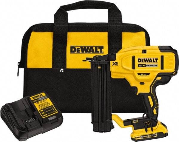 DeWALT - Cordless Brad Nailer Kit - 18 Gauge Nail Diam, 5/8 to 2-1/8" Long Nail, Includes DCB203 2Ah Battery, Carry Bag & Charger - Americas Industrial Supply