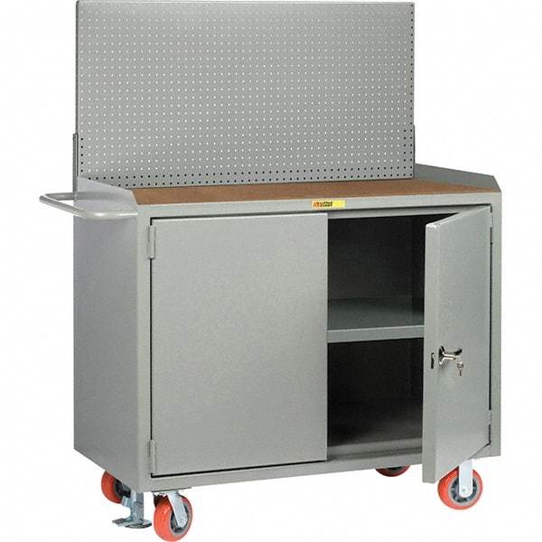 Little Giant - 3,600 Lb Capacity, 3 Shelf, 2 Door Mobile Bench Cabinet with Pegboard Panel - 53" Wide x 24" Deep x 43" High, Steel, Gray - Americas Industrial Supply