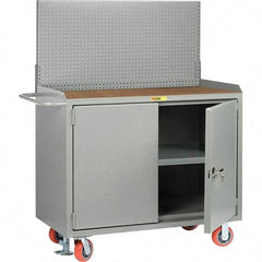 Little Giant - 3,600 Lb Capacity, 3 Shelf, 2 Door Mobile Bench Cabinet with Pegboard Panel - 53" Wide x 24" Deep x 43" High, Steel, Gray - Americas Industrial Supply