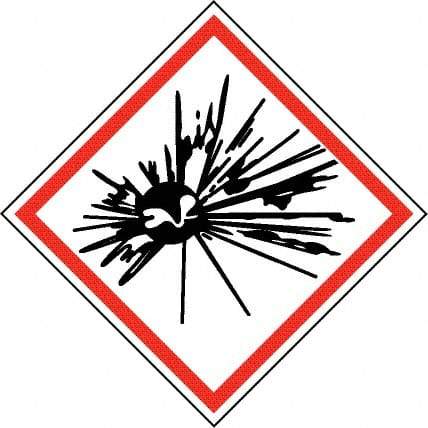 NMC - Hazardous Materials Label, Header: Explosive Warning - Legend: GHS - Graphic, English, Black & Red, 2" Long x 2" High, No Coating - Americas Industrial Supply