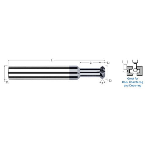 Double Angle Shank Cutters - 0.1250″ (1/8″) Cutter Diameter × 0.0360″ Width × 0.3120″ (5/16″) Neck Length Carbide Double Angle Shank Cutter, 4 Flutes, AlTiN Coated