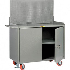 Little Giant - 3,600 Lb Capacity, 3 Shelf, 2 Door Mobile Bench Cabinet with Pegboard Panel - 53" Wide x 24" Deep x 43" High, Steel, Gray - Americas Industrial Supply