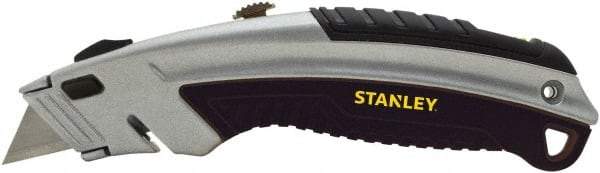 Stanley - Retractable Utility Knife - 2-7/16" Blade, Silver & Black Cast Metal Handle, 3 Blades Included - Americas Industrial Supply