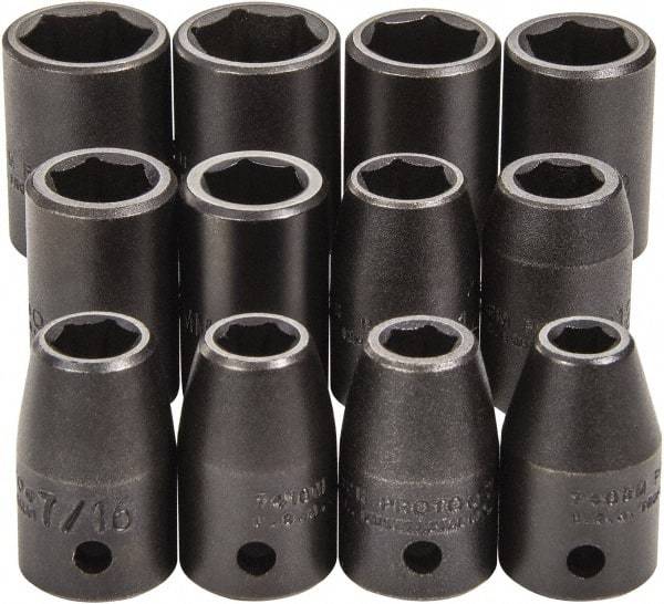 Proto - 12 Piece 1/2" Drive Full Polish Finish Impact Socket Set - 6 Points, 3/4" to 3/4" (8mm to 19mm) Range, Inch/Metric Measurement Standard - Americas Industrial Supply