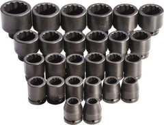 Proto - 26 Piece 3/4" Drive Full Polish Finish Impact Socket Set - 12 Points, 17mm to 50mm Range, Metric Measurement Standard - Americas Industrial Supply