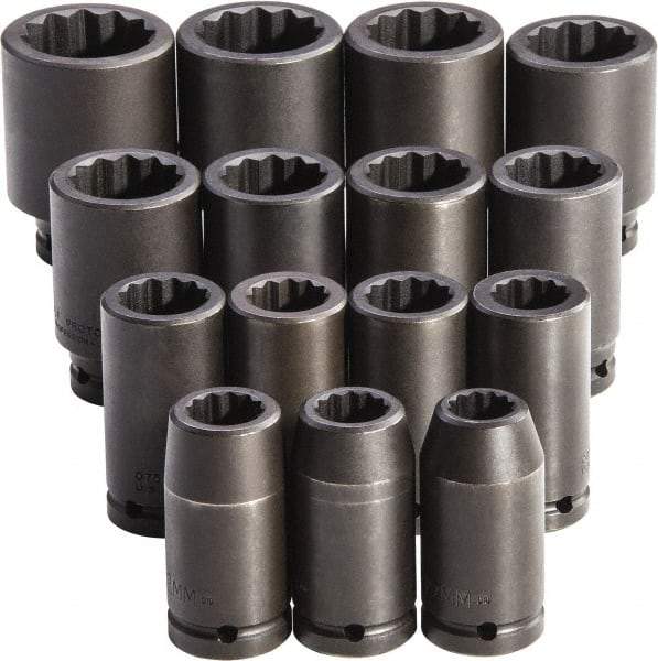 Proto - 15 Piece 3/4" Drive Full Polish Finish Deep Well Impact Socket Set - 12 Points, 19mm to 43mm Range, Metric Measurement Standard - Americas Industrial Supply