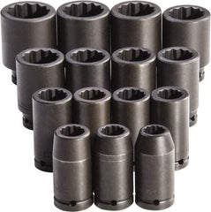 Proto - 15 Piece 3/4" Drive Full Polish Finish Deep Well Impact Socket Set - 12 Points, 19mm to 43mm Range, Metric Measurement Standard - Americas Industrial Supply