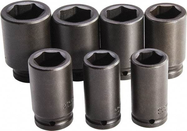 Proto - 7 Piece 3/4" Drive Full Polish Finish Deep Well Impact Socket Set - 6 Points, 26mm to 38mm Range, Metric Measurement Standard - Americas Industrial Supply