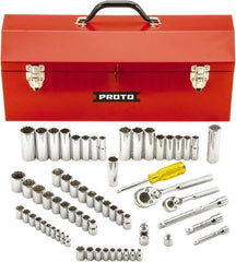 Proto - 65 Piece 1/4" & 3/8" Drive Full Polish Finish Deep Well Socket Set - 6, 12 Points, 1/4" to 7/8" (4mm to 19mm) Range, Inch/Metric Measurement Standard - Americas Industrial Supply