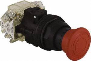 Schneider Electric - 30mm Mount Hole, Extended Mushroom Head, Pushbutton Switch with Contact Block - Round, Red Pushbutton, Maintained (MA) - Americas Industrial Supply