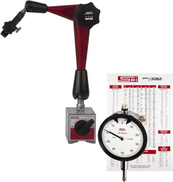 SPI - 0.001" Graduation, 1" Max Meas, 0-100 Dial Reading, Dial Indicator & Base Kit - 2-5/16" Base Length x 2-3/8" Base Width x 2 & 2-5/32" Base Height - Americas Industrial Supply